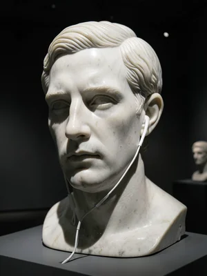 A marble portrait of a person wearing earbuds, contemporary subject in classical