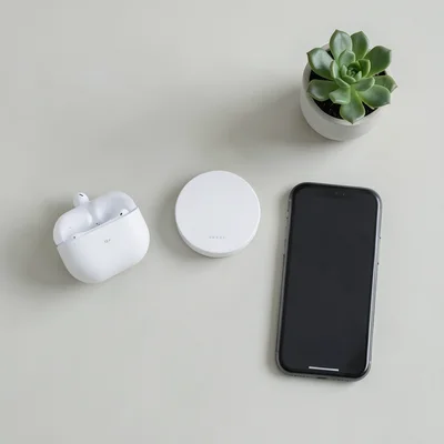 Clean desk with wireless charger, AirPods case, smartphone, and a small succulen