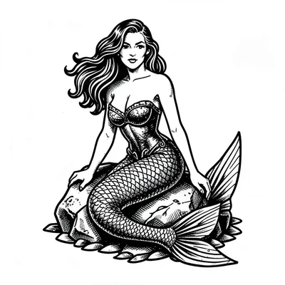 Traditional tattoo flash illustration, Mermaid sitting on rock , bold black outl