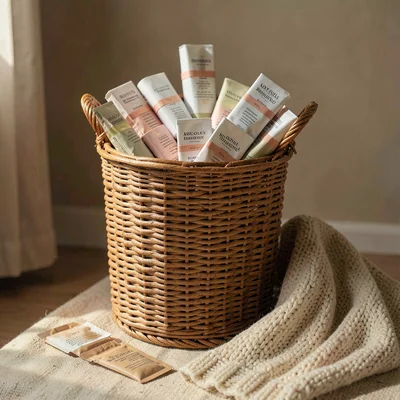 Vertical of a tall basket holding rolled needle cases beside a knit throw