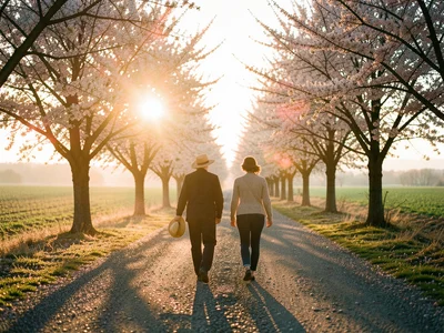 Two people walking away from camera down a country road lined with blooming cher