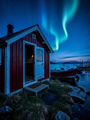 Polar night blue hour in Tromso, Norway, a traditional Norwegian boathouse with 