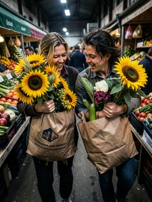 Couple at farmers market, arms full of sunflowers and paper bags of produce