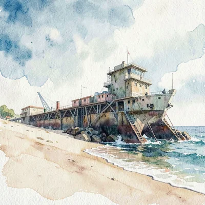 Matte painting of a coastal megastructure half-buried in sand, painterly cinemat