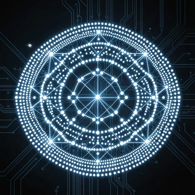Kolam dot grid pattern rendered as LED matrix, rice powder white points glowing 