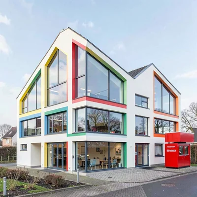Danish design infrastructure, hygge mechanics, Kindergarten facade with oversize