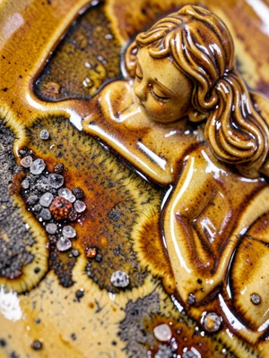 Mother-and-child ceramic sculpture with flowing glaze in warm earth tones