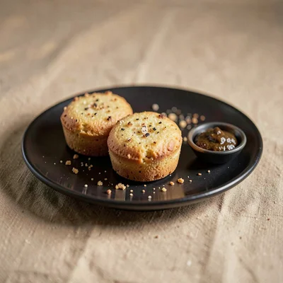 Small dark glaze plate of three savoury madeleines with a sprinkle of cracked pe