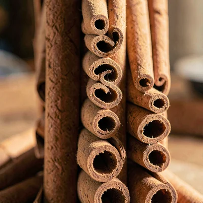 Vertical macro of a column of stacked cinnamon quills