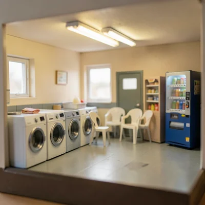 A diorama of a laundromat interior: tiny washing machines, a row of plastic chai
