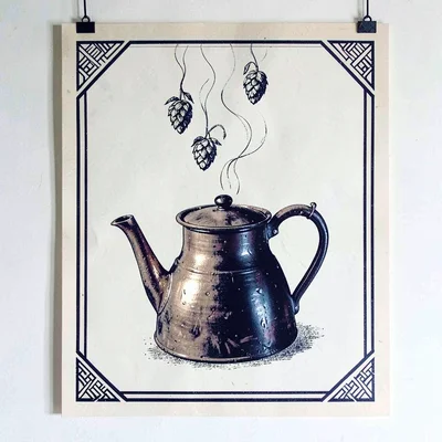 Two-color screenprint poster of a copper kettle with hops cones rising as steam,