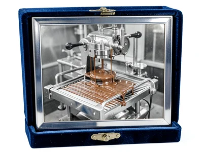 A chocolate tempering machine with liquid chocolate flowing over the cooling tab