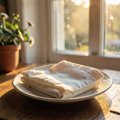 Cozy story tile of a folded napkin on a side plate by a window, golden afternoon