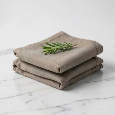 A stack of three folded linen napkins in muted earth tones, a sprig of rosemary 