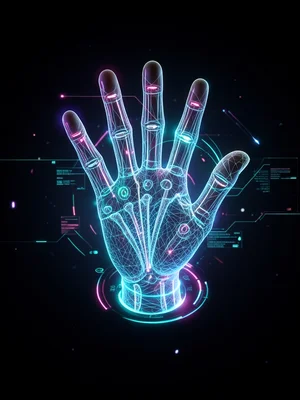 Hand reaching out, fingertips photorealistic, wrist fading to wireframe skeleton