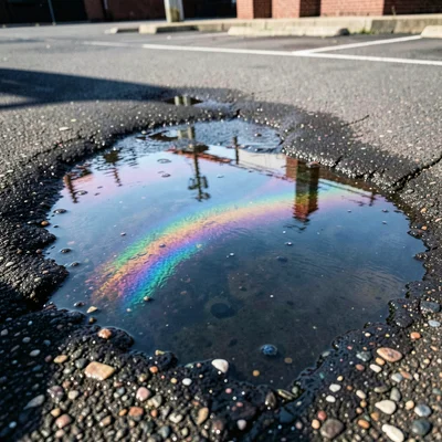 Oil on water puddle in parking lot, rainbow patterns, macro, gritty urban textur