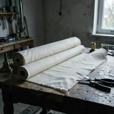 Wide cutting-table photo with a long roll of canvas spread out, brass pattern we