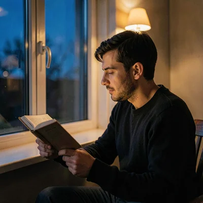 Warm lamp-line portrait of a fellow reading at a window seat, single warm sconce