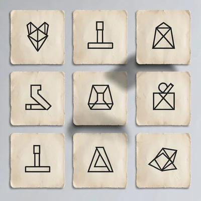 Tidy 2x3 grid of six abstract step-card mockups on parchment, each tile carrying