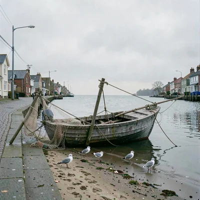 Quiet small town photography, contemplative scene, A wooden fishing boat pulled 