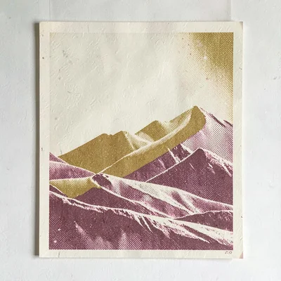 Bram-screenpress riso poster of a halftone wave-and-mountain motif in mustard an