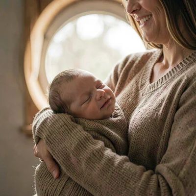 Soft-lit hero of a newborn curled in a parent's arms, painterly window halo, oat