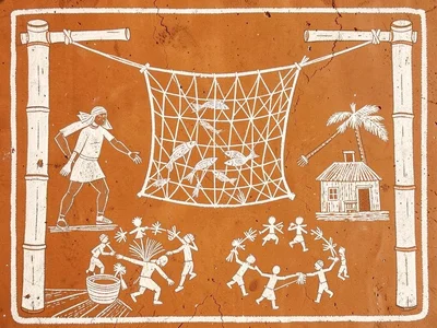 Fishing net suspended between two bamboo poles — fish caught within geometric me