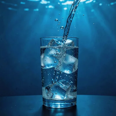 Deep oceanic blue saturation, light filtering through density, Ice cubes in a hi