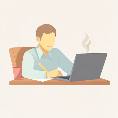 Flat vector of a writer at a desk with a laptop and steaming mug, warm pastel pa