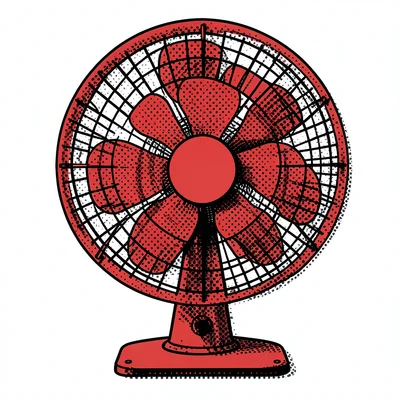 Electric fan viewed straight-on, flat red body, halftone dot shadow
