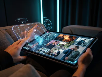Person scrolling through photos on a large tablet, couch setting, cozy evening l