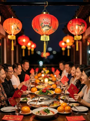 Red Lantern with Gold Fringe Against Night Sky
