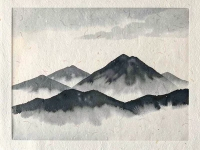 Mountain silhouette layered in soft overlapping ink blocks, morning fog