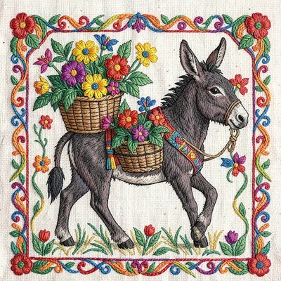 Otomi Tenango embroidery illustration, a donkey carrying flowers in baskets , em