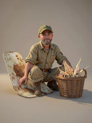 A root-gatherer sits leaning back on the elbows, basket beside them filled with 