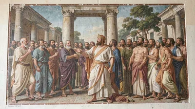 Fresco-style illustration, Roman senator addressing crowd , painted into wet pla