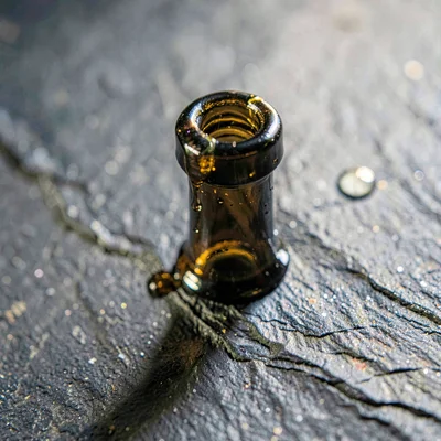 Macro of a wax-dipped bottle neck on slate, raking light catching fine drips