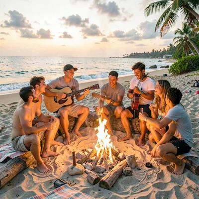 Beach bonfire, teenagers passing guitar, center sharp, everything else dreaming