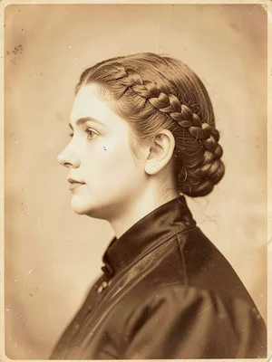 A Victorian woman's profile with elaborate braided hair, dark dress, pale skin