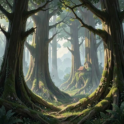 Fantasy environment illustration, an ancient forest with trees miles tall, tiny 