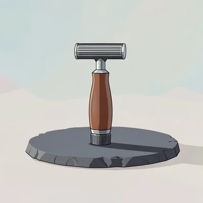 Flat-color catalog illustration of a stylized safety razor on a slate block fiel