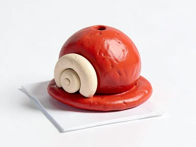 Stout chunky clay snail-shaped piggy bank in cherry red with stubby cream-toned