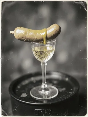 A corn dog dipped in mustard balanced on the rim of a crystal champagne coupe