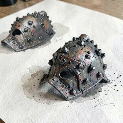 Tight prop study of a charred iron helm crusted with glassy obsidian flakes, thr