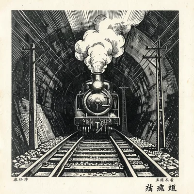A locomotive emerging head-on from a tunnel, steam billowing upward, the track r