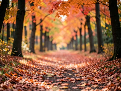 Autumn forest path covered in fallen leaves, orange and red canopy above