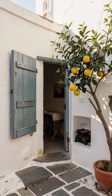 Warm encaustic painting studio on a Greek island, intimate and close, Mediterran