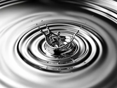 Still chrome pool with single disturbance ring, concentric circles of silver rip