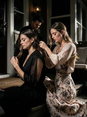 Mother braiding daughter's hair on porch steps, morning routine, intimate