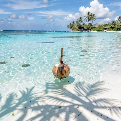 Lagoon turquoise light in Rarotonga, A single coconut floating in the lagoon sha